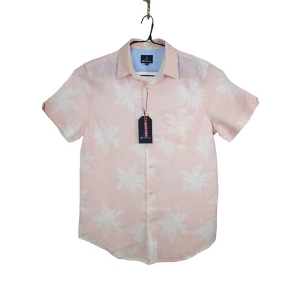 BEN SHERMAN Light Pink Floral Linen Blend Short Sleeve Button Down Shirt Mens M - Picture 1 of 12